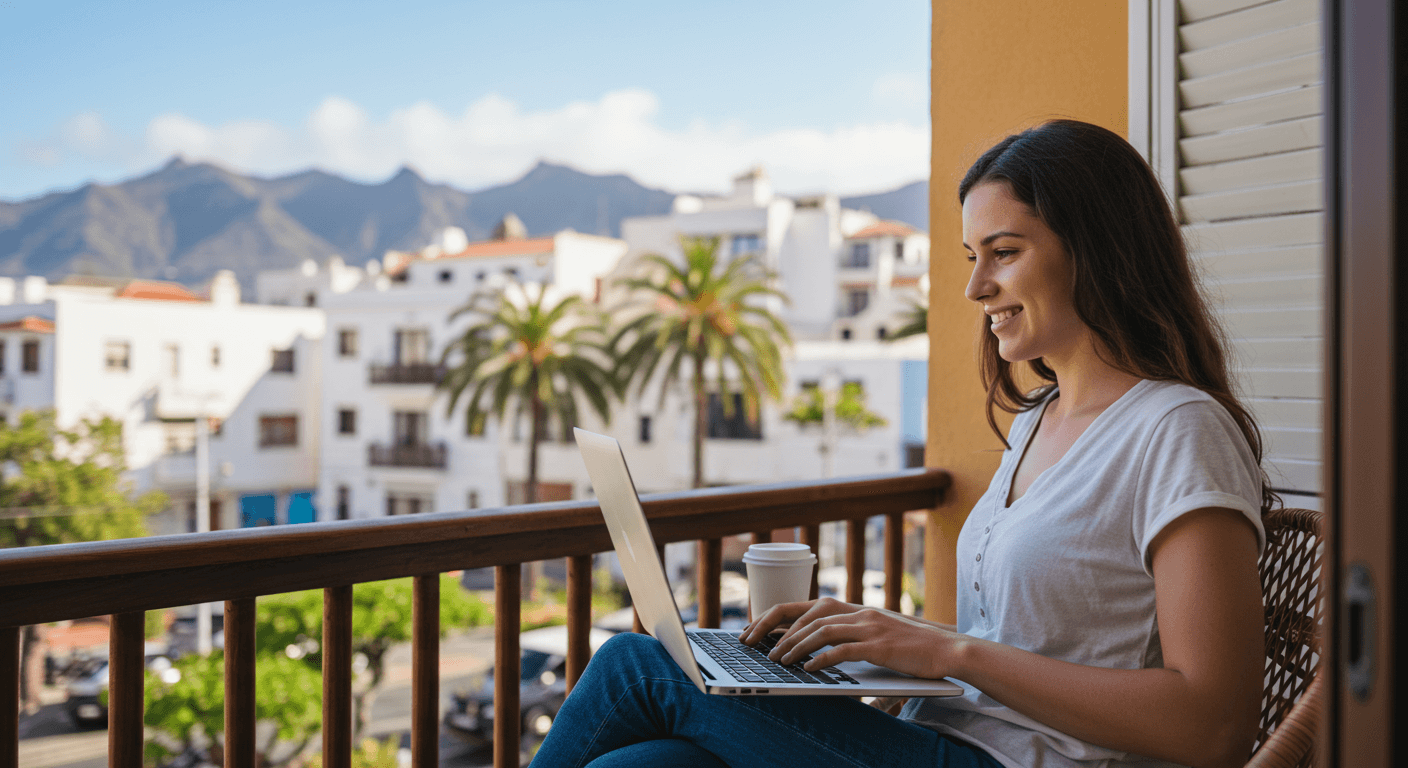 [Imagine cu o femeie fericită pe balcon bucurându-se de o conexiune la internet fiabilă de la Canarias Telecom.]